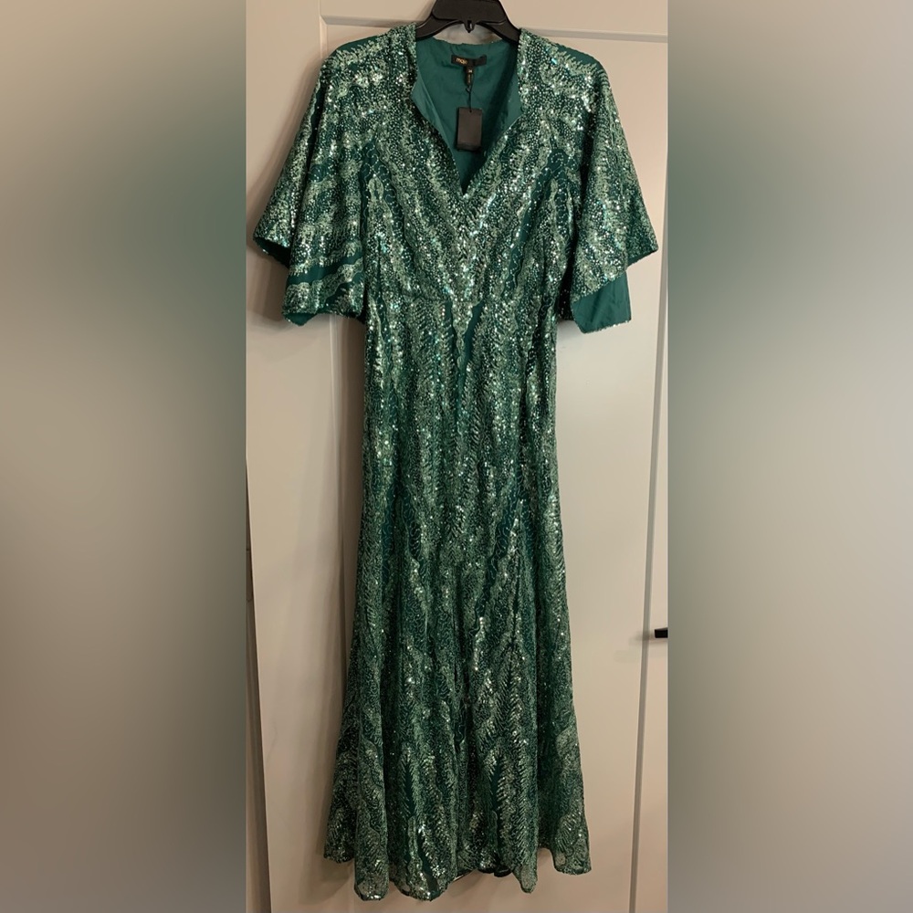 NWT Maje Green Sequin Maxi Dress US XS / FR 34 Formal Gown Wedding Guest Holiday - Picture 7 of 16